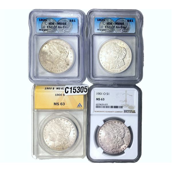 1900-1921 GEM BU Morgan Silver Dollar Lot [4 Coins] ANACS/ICG/NGC MS63/65