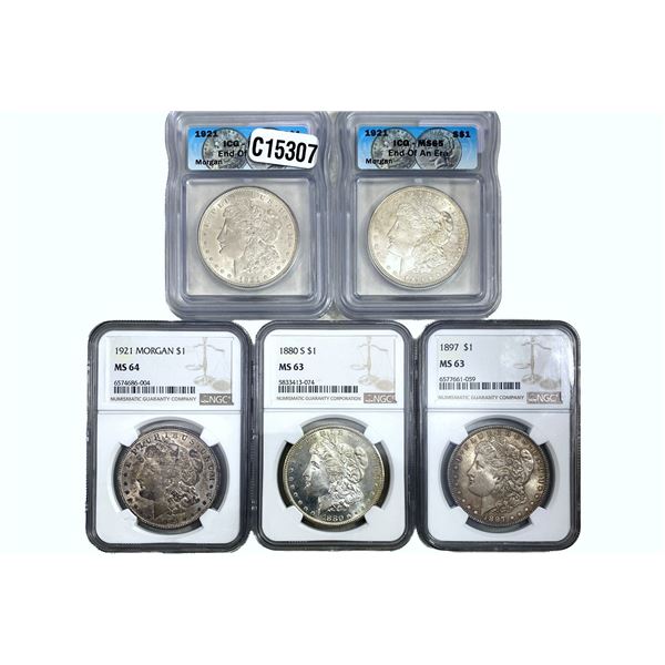 1880-1921 GEM BU Morgan Silver Dollar[5 Coins] ICG/NGC MS63-65