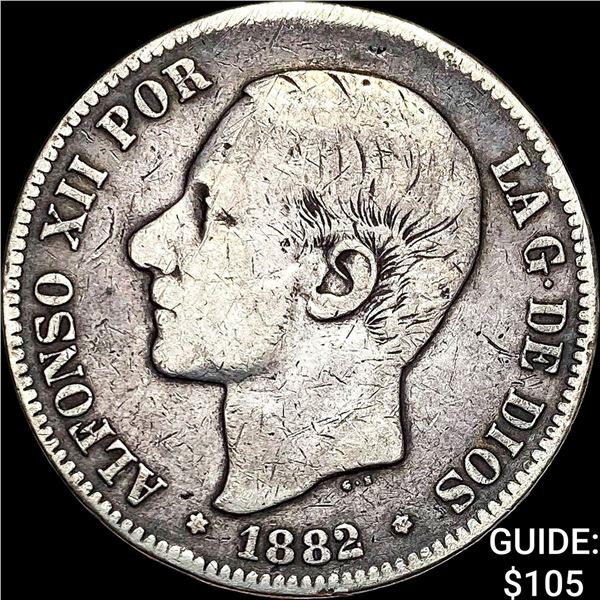1882 Spain Alfonso XII Silver 5 Peseta NEARLY UNCIRCULATED