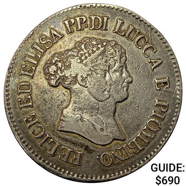 1805 Lucca & Piombino SIlver 5 Franchi NEARLY UNCIRCULATED