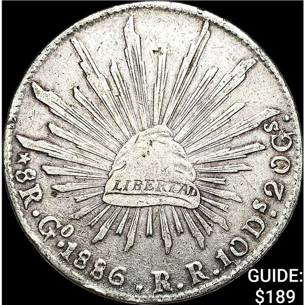 1886-Go RR Mexico Silver 8 Reales Cap and Rays NEARLY UNCIRCULATED