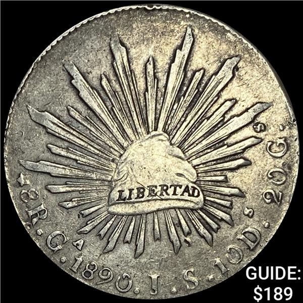 1890Ga JS Mexico Silver 8 Reales Cap&Rays ABOUT UNCIRCULATED