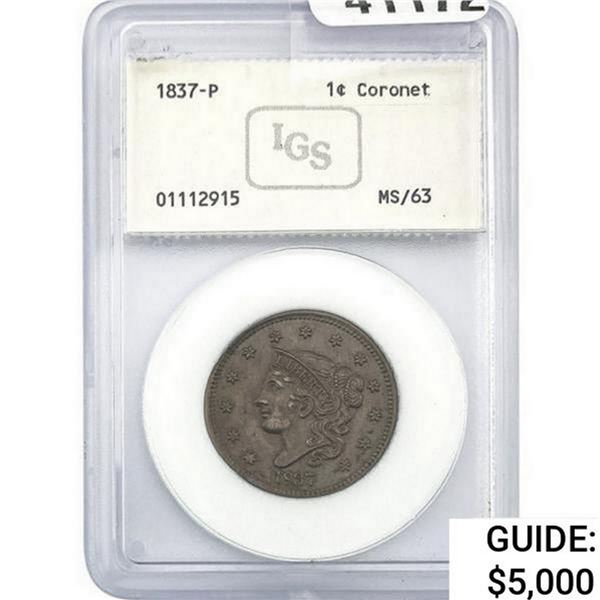 1837 Coronet Head Cent IGS MS63