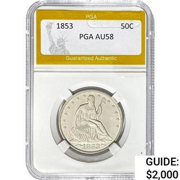 1853 Arr/Rays Seated Liberty Half Dollar PGA AU58