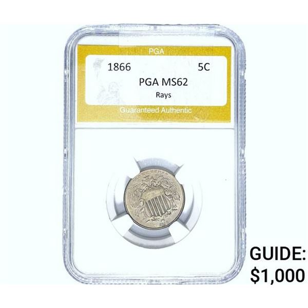 1866 Shield Nickel PGA MS62 Rays