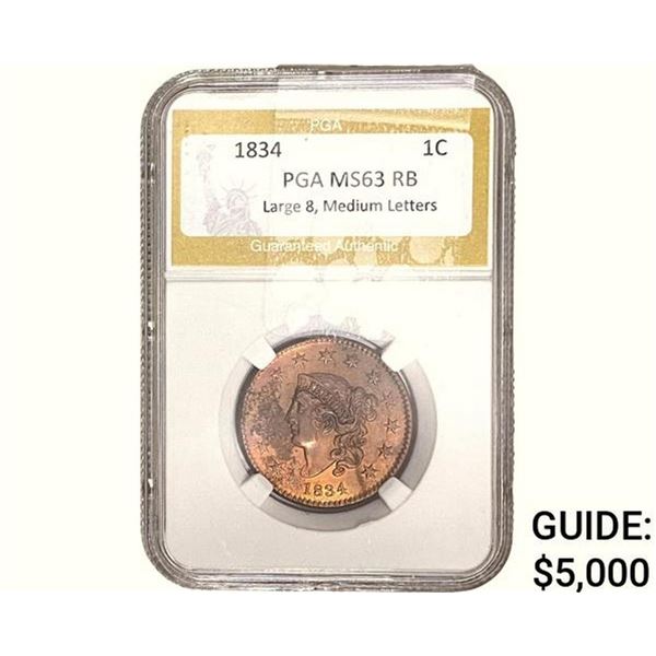 1834 Coronet Head Large Cent PGA MS63 Lg. 8 Med. Letters RB