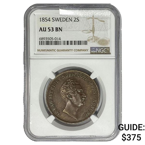 1854 Sweden 2 Skilling NGC AU53 BRN
