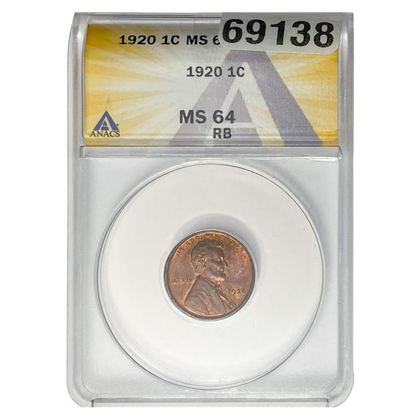 1920 Wheat Cent ANACS MS64 RB