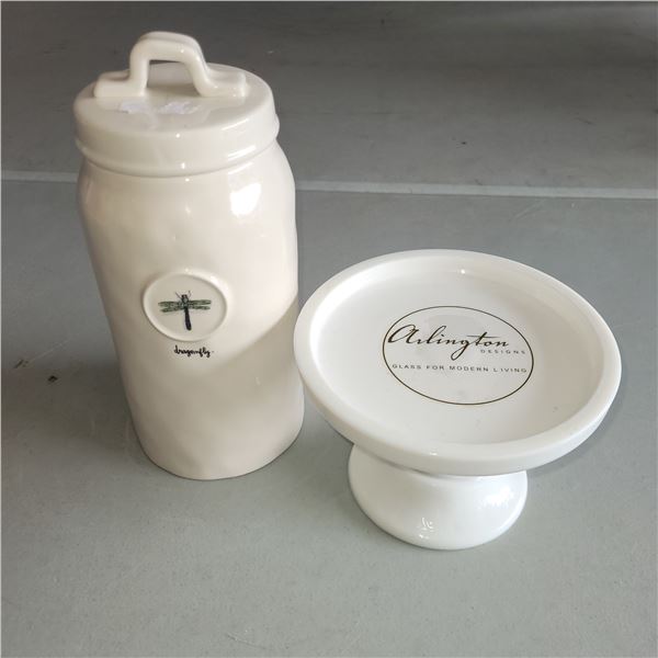 2x Home Decor - Cermaic Lidded Dragonfly Jar & Arlington Pedestal Plate