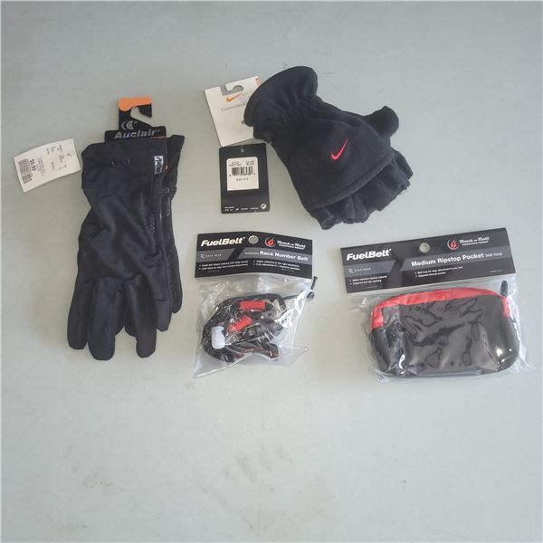 Winter & Sports Lot - Auclair Gloves, Nike Gloves, Race Number Belt & Medium Ripstop Pocket