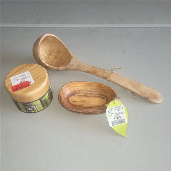 Lot of 3 Wooden Bamboo Items - Salt Storage Box, Ladle & Spoon Rest