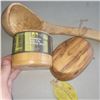 Image 2 : Lot of 3 Wooden Bamboo Items - Salt Storage Box, Ladle & Spoon Rest