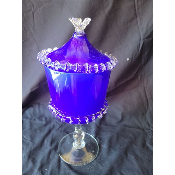 Footed Blue/Clear Glass Candy Dish A