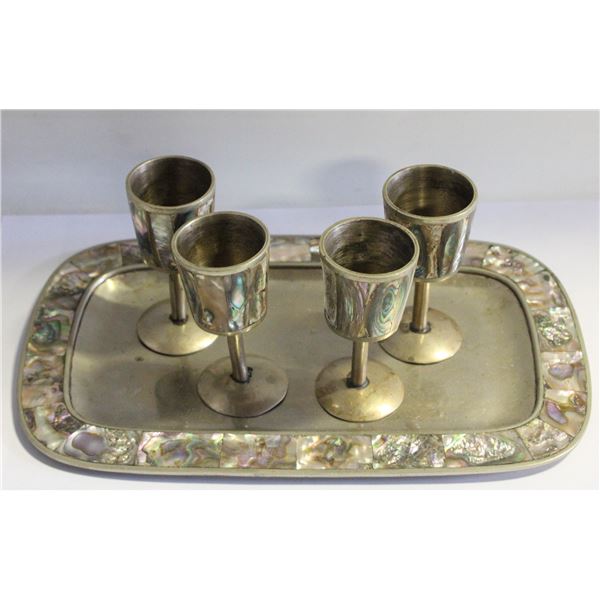 ABALONE TRAY WITH 4 SMALL GOBLETS