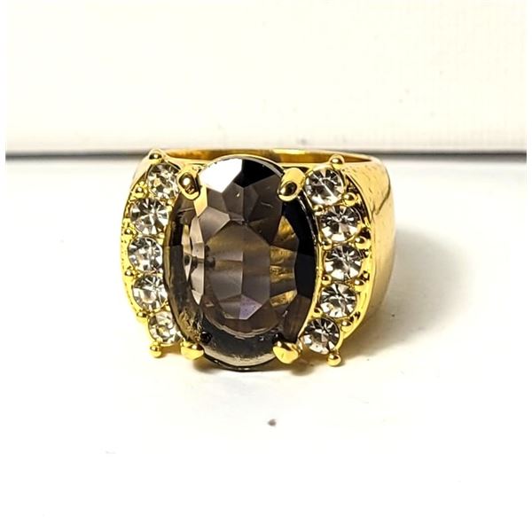 8)  WIDE GOLD TONE WITH SMOKEY QUARTZ