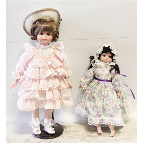 2 PORCELAIN DOLLS ON STANDS 17" & 13"