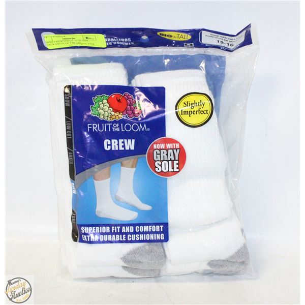 WHITE CREW SOCKS 12-16 SIZE 6-PACK FRUIT OF THE