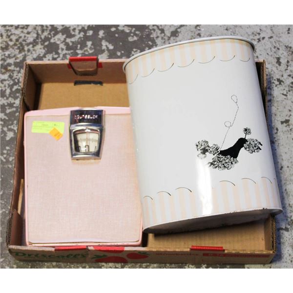 ANTIQUE WEIGHT SCALE AND GARBAGE CAN