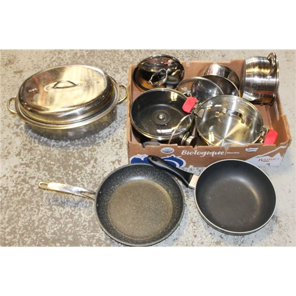 FLAT OF POTS AND PANS LARGE AND MEDIUM