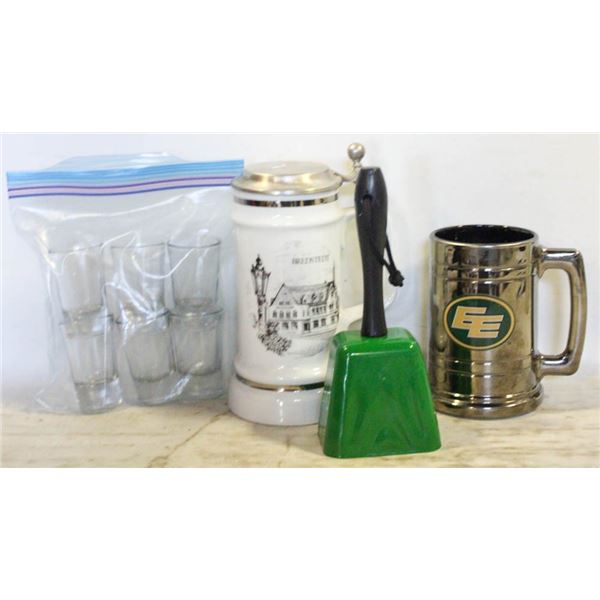 6 SHOT GLASSES + GERMAN STEIN + EDMONTON ESKIMOS