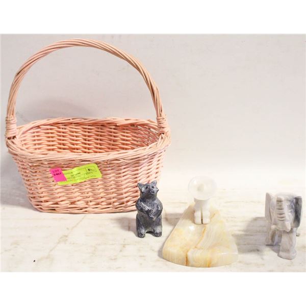 SOAPSTONE CARVING + 2 WHITE ONYX STONE CARVINGS