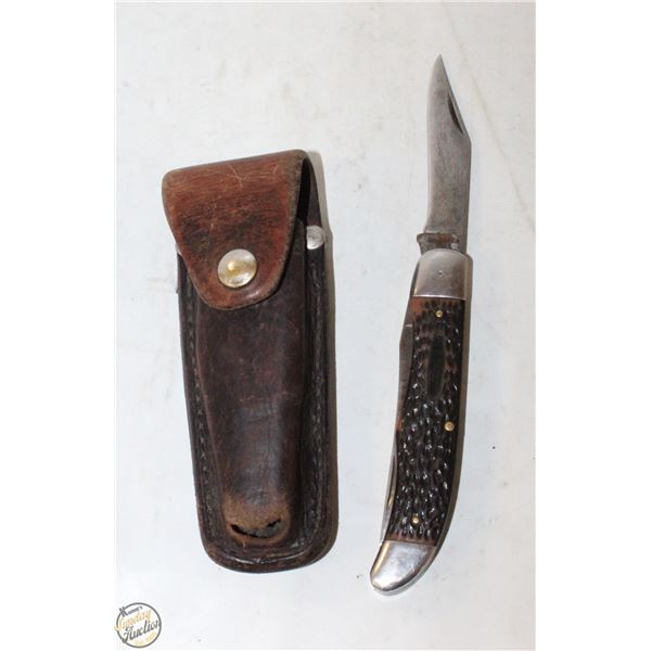 LARGE MONARCH FOLDING KNIFE IN LEATHER SHEATH