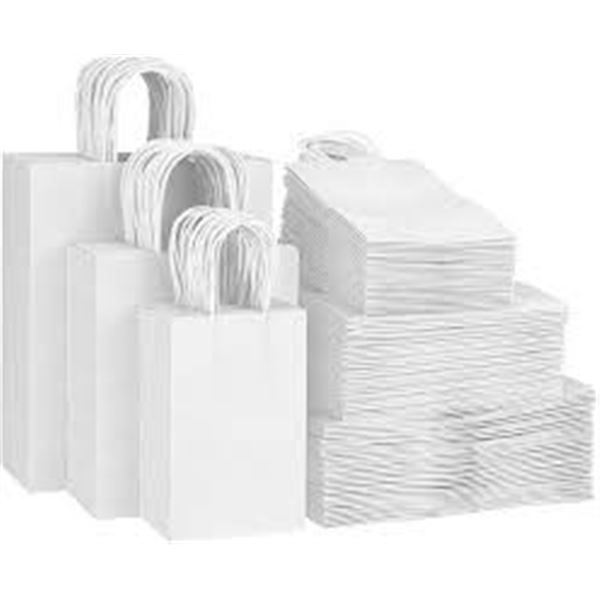 NEW WITH BOX 150PCS WHITE PAPER BAGS W HANDLES