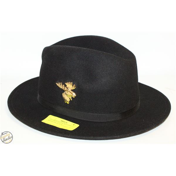 100% WOOL BLACK WESTERN HAT, MOOSE PIN AT SIDE