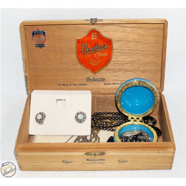 VINTAGE WOODEN CIGAR BOX WITH ESTATE JEWELRY