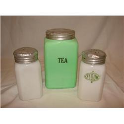 Jadie & White Glass Caddy & Shakers