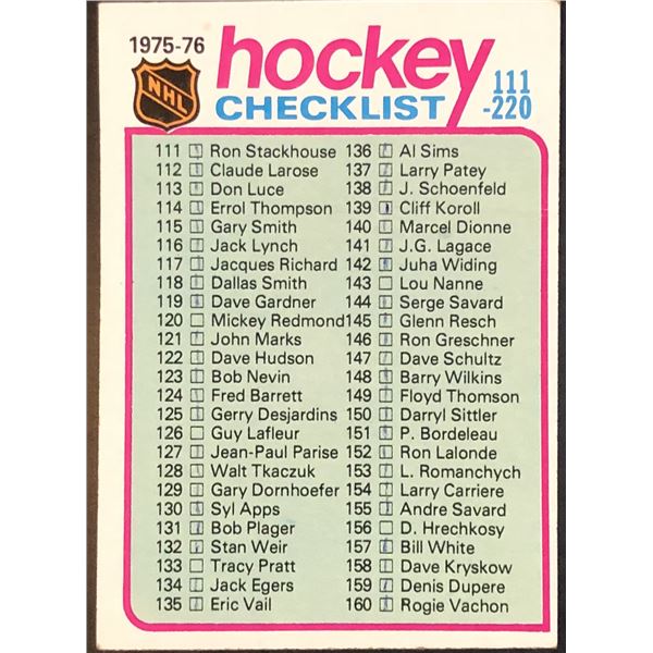 1975-76 NHL TOPPS CHECKLIST
