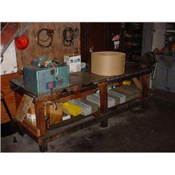 Bench, vise, spark plug cleaner, & cabinet