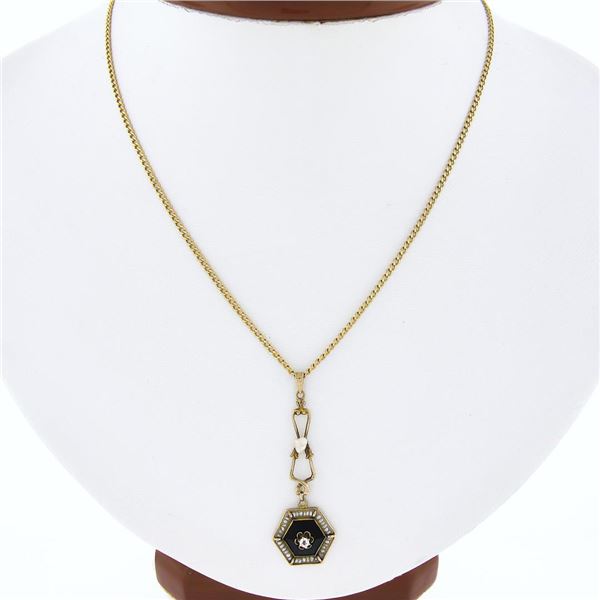 Vintage 14K Gold Black Onyx, Pearl & White Topaz Lavalier Pendant w/ Chain