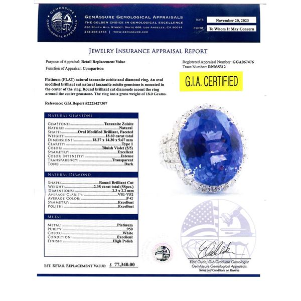 18.60 ctw Tanzanite and 2.38 ctw Diamond Platinum Ring (GIA CERTIFIED)