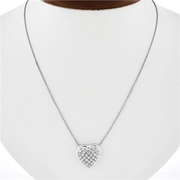 14k White Gold 0.50 ctw Pave Diamond Heart w/ Polished Frame Pendant 18 Necklace