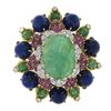 Image 7 : Handmade Solid Gold GIA Carved Emerald Lapis Ruby Diamond Floral Pin Brooch