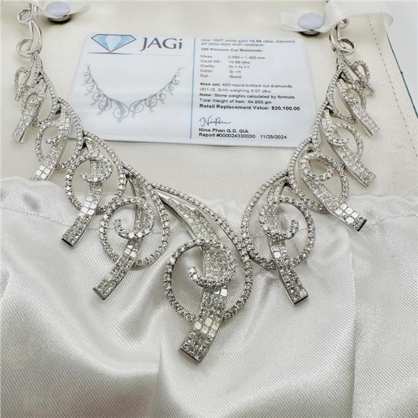 18KT White Gold Diamond Art Deco Swirl Necklace