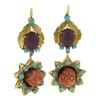 Image 5 : Vintage 18K Gold Carved Flower Coral & Ruby w/ Turquoise Drop Dangle Earrings