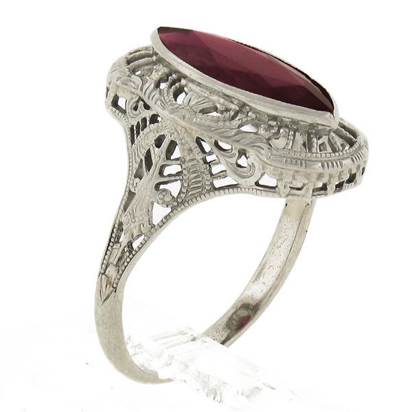 Antique Art Deco 10K Gold Bezel Marquise Shape Ruby Open Filigree Solitaire Ring