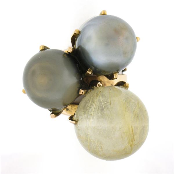 18k Rose Gold Tahitian Pearl & Rutilated Quartz Large High Profile Cocktail Ring