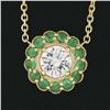 Image 3 : NEW 14K Gold Round Diamond & Emerald Halo w/ Milgrain Flower Pendant & Chain