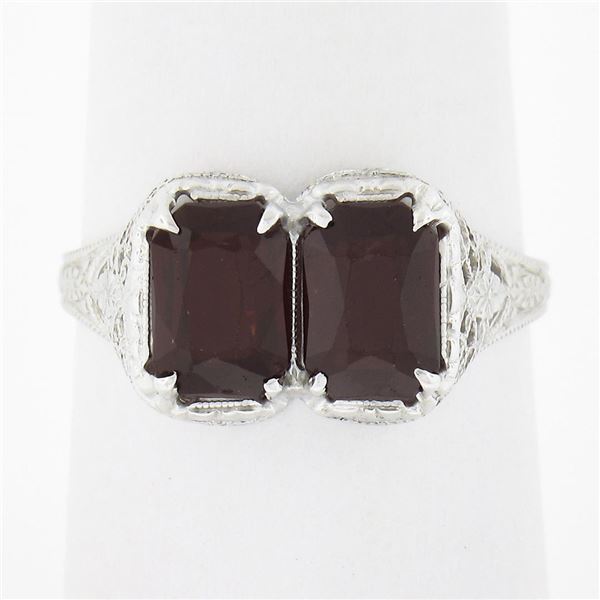 Antique Art Deco 14k Gold Rectangular Filigree 2 Stone Garnet Twin Ring