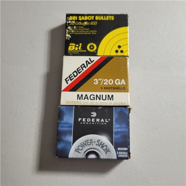 20ga   2/3/4" Bri Sabots,  2 3/4" No3 Federal Slugs & 3" Magnum  No2 Federal Buckshot