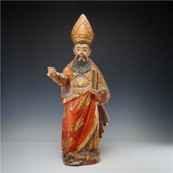Spanish Colonial Polychrome Wood Santos Figure of a Bishop Saint