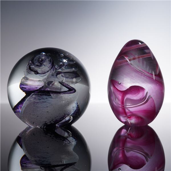 2pc Studio Art Glass Paperweights - Egg OBG Signed & Dated