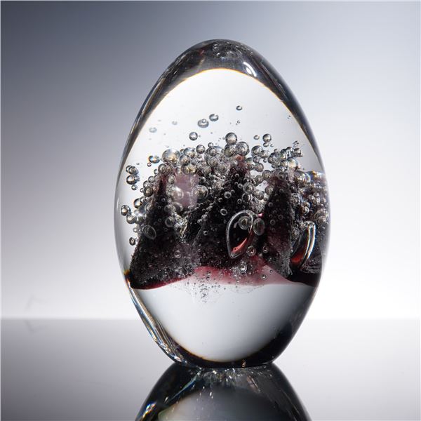 Art Glass Egg Paperweight with Purple Textures and Bubbles