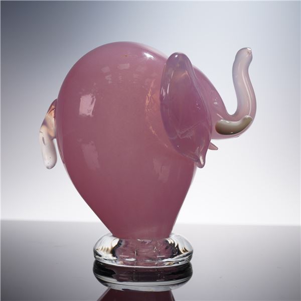 Hand-Blown Pink Art Glass Elephant Sculpture with Clear Base