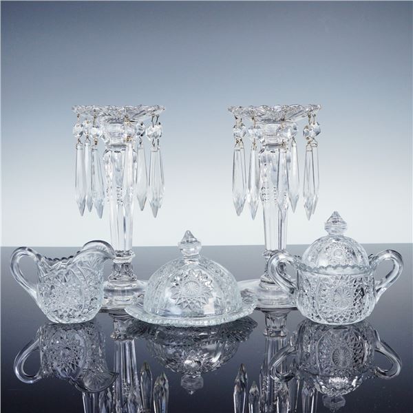 7pc Pressed Glass Set with Crystal Lusters and Table Pieces