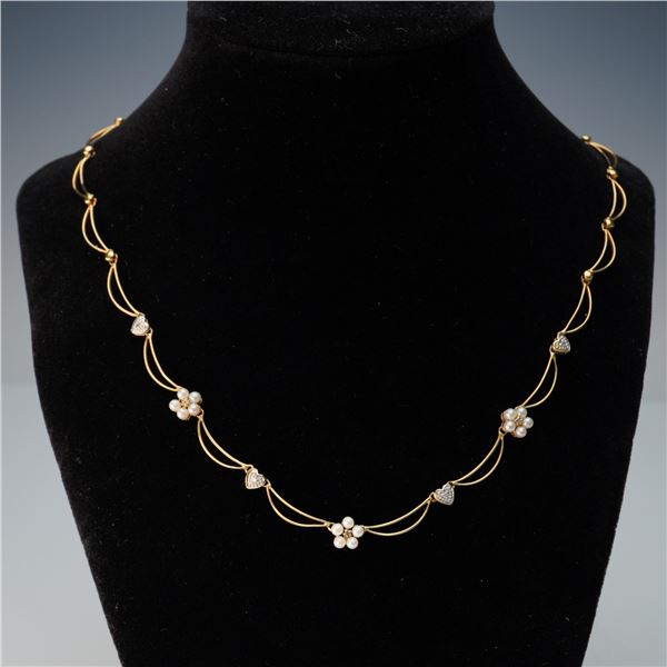10k Gold Necklace with Pearl Clusters and Diamond Heart Accents
