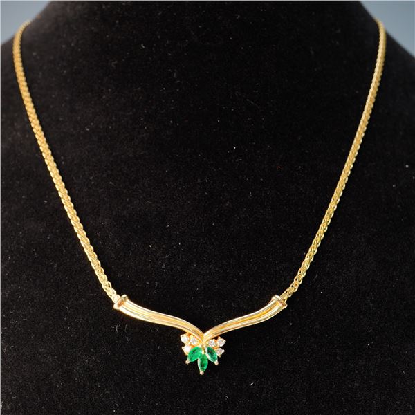 14k Gold Necklace with Emeralds and Diamonds